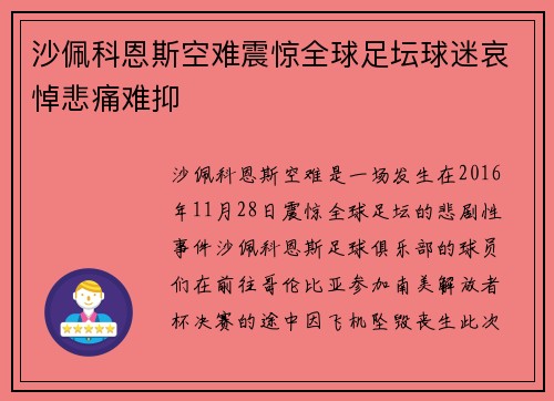 沙佩科恩斯空难震惊全球足坛球迷哀悼悲痛难抑